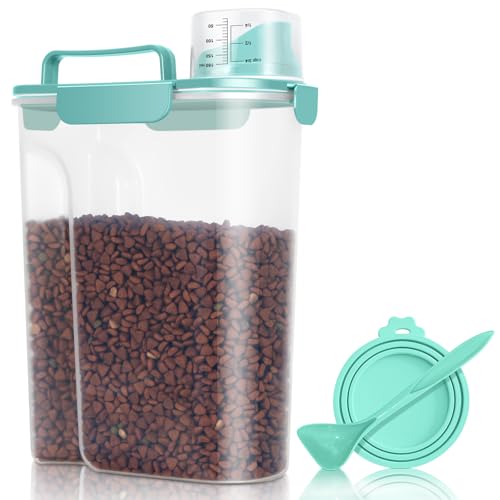 Pet Dog Cat Food Storage Container 5 to 7 lbs with Can Cover and Mixing Spoon (Cyan 6Qt)