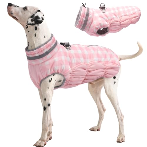 Dog Winter Coat Fleece Warm Large Dog Coat with Harness Built in (Pink Plaid / L(chest:24in))