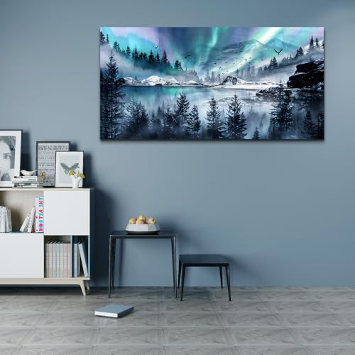 Modern Canvas Wall Art For Office Large Wall Decorations For Living Room Stretched And Framed Canvas Prints Paintings Blue Aurora Scenery Wall Pictures Artwork Hotel Mural Ready To Hang (60"L x 30"W / Blue Aurora Scenery Wall Pictures)