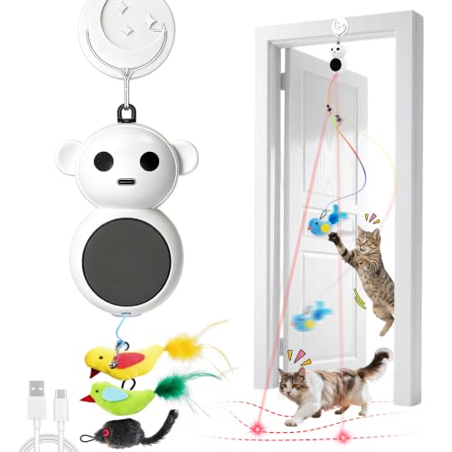 2-in-1 Interactive Laser Pointer Cat Toy & Flying Bird Wand for Indoor Cats (White)