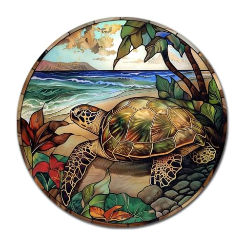 Metal Sign Tin Sign Circular Stained Glass Turtle Decor Outdoor for Yard 8×8 Inches (8×8 Inches / Turtle)