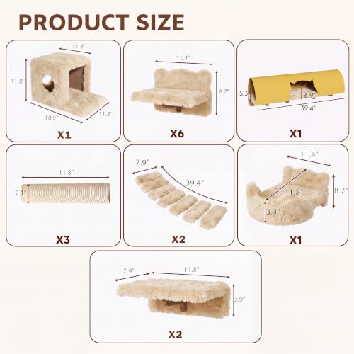 16-in-1 Cat Wall Shelves, Cat Furniture w/Tunnel & Bridge, Beige (Beige / 16-in-1)