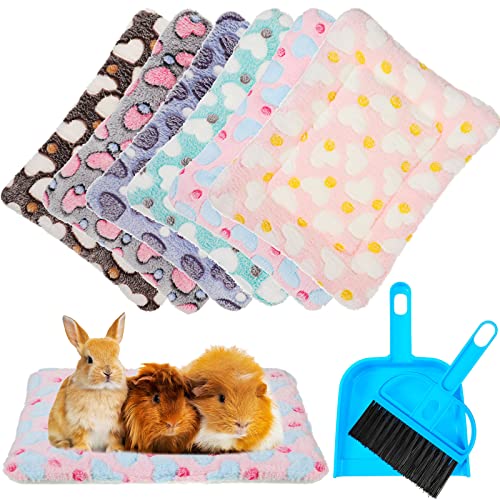6 Pieces Guinea Pig Bed Plush Hamster Mat Bunny Bed Small Animal Sleeping Bedding Pads with Cleaning Dustpan Brush for Chinchilla Squirrel Hedgehog Small Animals (Vivid Color)