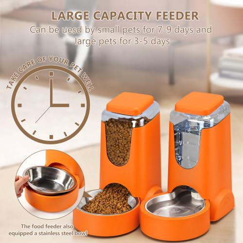 Portable Automatic Cat Feeder and Water Dispenser with Stainless Steel Bowl Dog Gravity Food Feeder and Waterer for Small Medium Pets Puppy Kitten 1 Gallon x 2 (Orange)