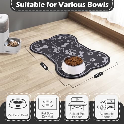 Dog Cat Food Mat (29"L x 17"W / Bone Shaped Dark Grey)