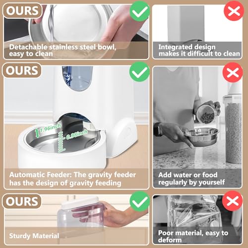 Automatic Cat Feeder and Water Dispenser with Stainless Steel Bowl Dog Gravity Food Feeder and Waterer for Small Medium Pets Puppy Kitten 1 Gallon x 2 (White)