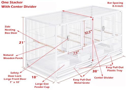 Combo Sturdy Wrought Iron Stacker Center Divided Breeder Breeding Bird Flight Double Cage Side Nest Box Doors for Aviaries Canaries Cockatiels Lovebirds Finches Budgies Small Parrots One Stacker (White Vein)