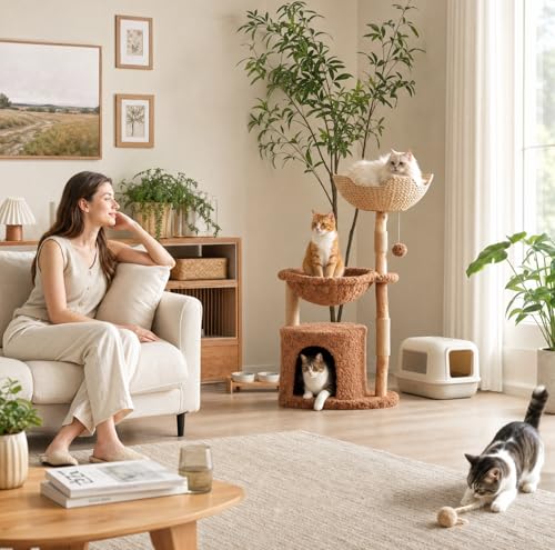 40" Modern Wood Cat Tree with Rattan Basket & Hammock (Brown / 40" Solid Wood Cat Tree)