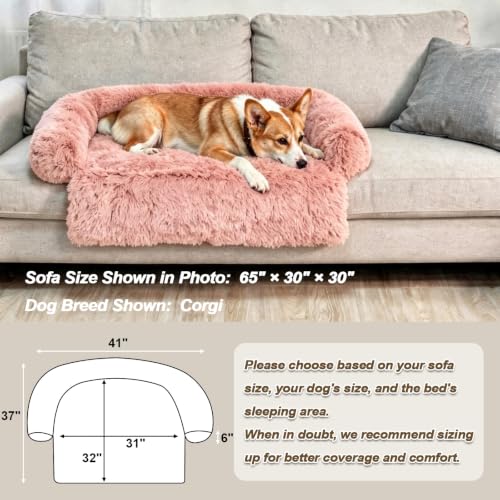 Calming Dog Bed Fluffy Plush Dog Mat for Furniture Protector with Removable Washable Cover for Large Medium Small Dogs and Cats (Pink / 41.0"L x 37.0"W x 6.0"Th)