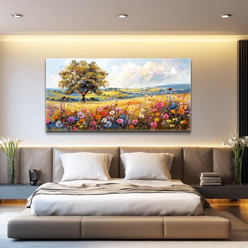 Large Wall Art For Bedroom Canvas Wall Decor For Living Room Office Decorations Flower Scenery Watercolour Wall Paintings Field Pictures Artwork Aesthetic Room Home Decor Hang Easy (48"L x 24"W / Field Landscape)