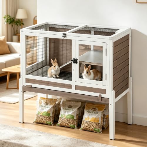 2 Story Indoor Rabbit Hutch Guinea Pig Cage with Stand (White & Brown)