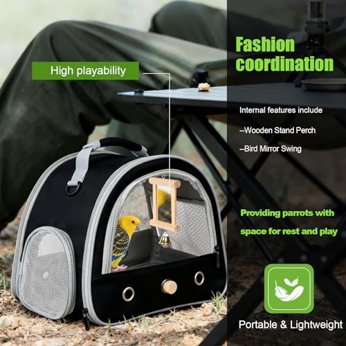 Parrot Travel Cage Carrier with Bird Cage Bells Mirror Set (Black / 12.0"L x 8.0"W x 12.0"H)