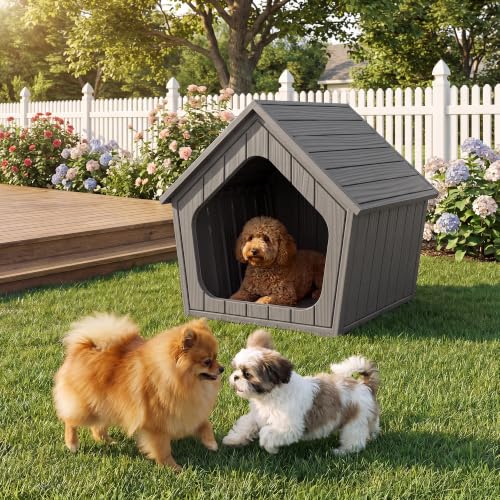 Indoor Outdoor Small Dog House Weatherproof for Small Dogs Sturdy Pet House for Indoor Living Room & Outdoor Patio (Light Grey / 23.43" L × 22.44" W × 22.24" H)