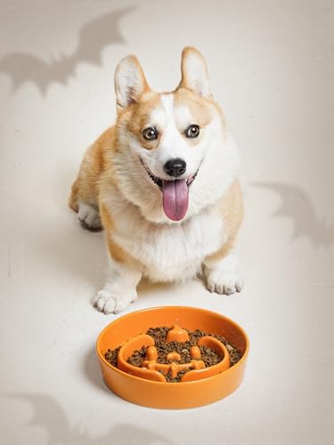 Ceramic Slow Feeder Dog Bowls Small Breed (Pumpkin Orange / S-0.6 Cups)