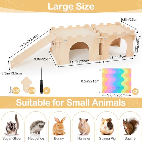 2 Pack Wooden Guinea Pig Hideout House with Stairs & Mats (2 Houses / Wood Color)