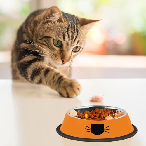 2 Pcs Non Slip Stainless Steel Small Cat Food Bowls (Orange / 7 oz)