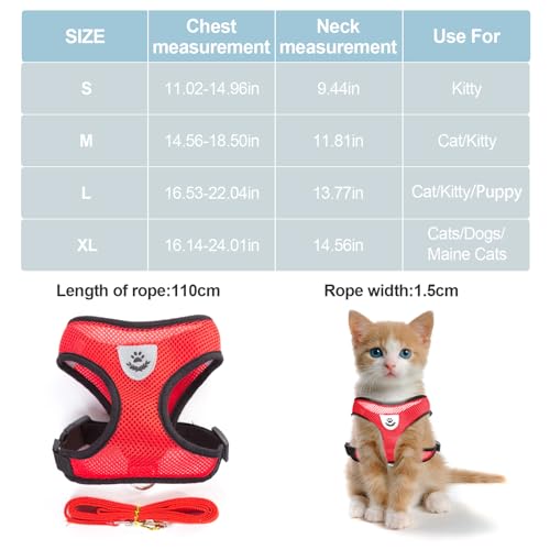 Red Cat Harness and Leash Set (red / XL：(Neck:14.56" chest:18.11"-24.01"))