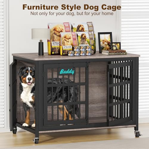 46"/42"/33" XXL Heavy Duty Dog Crate Furniture with Casters (46.1"L x 28.7"W x 31.9"H / Grey)