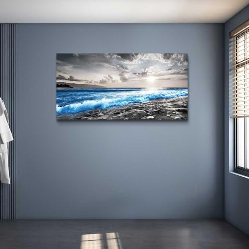 Framed Canvas Wall Art (48"L x 24"W / Blue Sea Wave Pictures)