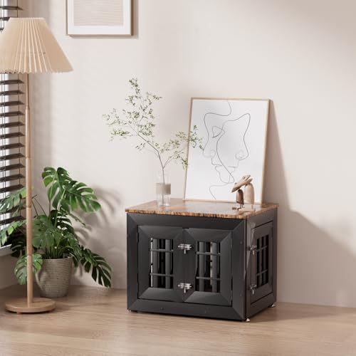 26" Heavy Duty Dog Crate Furniture for Small (26.0"L x 20.5"W x 21.3"H / Black+Brown)