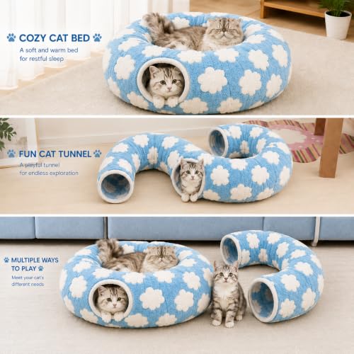 Cat Tunnel Bed with Washable Cushion for Indoor Cat (Blue)