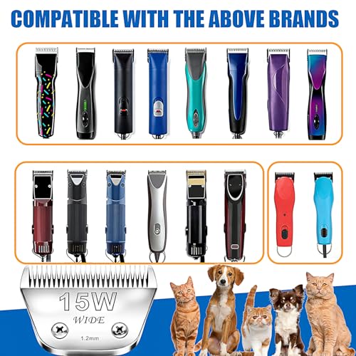15W Wide Blade Dog Grooming Clipper Blades for Andis (Silver/15W-2PACK)