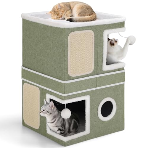 2 Story Cat House beds for Indoor Cats with Scratch Pads Green (Green / Double)