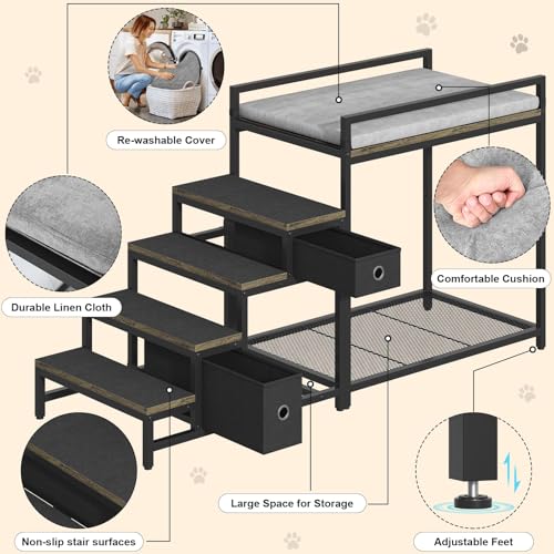 Pet Bunk Bed with Removable Stairs and 2 Drawers (Grey)