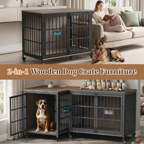 46 In Heavy Duty Dog Crate Furniture on Lockable Wheels (Grey / 46.1"L x 28.7"W x 31.9"H)