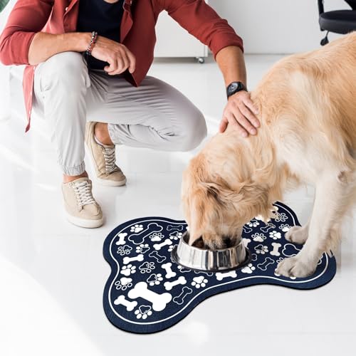 Dog & Cat Food Mat Bone Shaped Pet Feeding Mat Quick Absorb Water Bowl Placemat with Rubber Backing Indoor Floor Stain Resistant Pet Accessory Supplies (Blue / 17"L x 17"W)