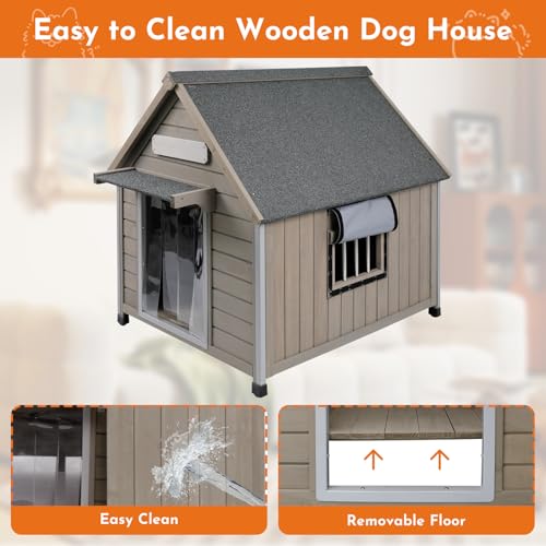 Outdoor Dog House Weatherproof Large Wooden Dog Kennel Indoor for Small Dogs with Chew (Grey / 30.5" D x 37.4" W x 39.3" H)