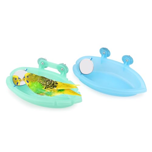 Bird Bath with Mirror for Small Birds Budgie Parakeet Cage (Blue(A)+Green)