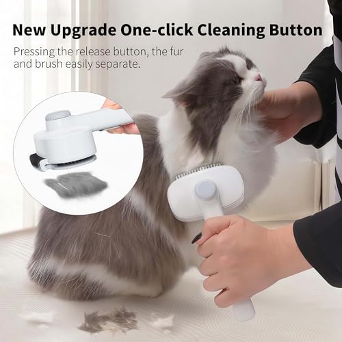 2-in-1 Cat Grooming Brush, Cat Brushes with Release Button & Deshedding Dematting Rake, Grooming Comb Tool for for Long or Short Haired Pets, Reduce Shedding, Remove Knots and Massage, White