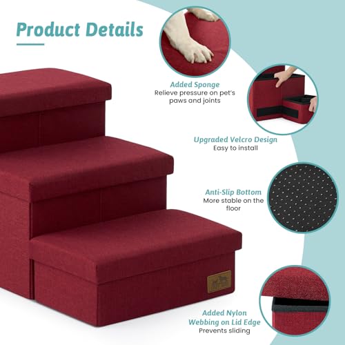 Dog Stairs with Storage (Burgundy / 38.1"L x 17"W x 22"H)
