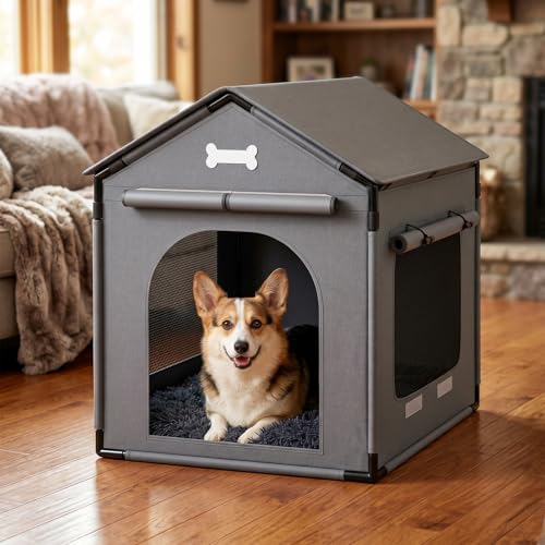 27.6" Dog House Indoor Outdoor Dog Kennel Tent Bed with Door Curtain (Grey / L with Door Curtain: 27.6"L x 21.3"W x 26.8"H)
