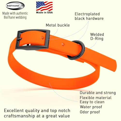 Biothane Waterproof Dog Collar Strong Coated Nylon Webbing with Black Hardware Odor (W1/2" x L9-12" / Hunter Orange)