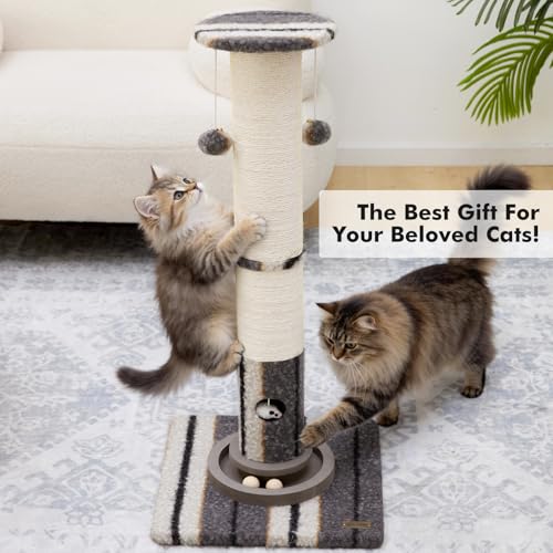 Cat Scratching Post 34"Tall Grey Sisal Scratcher Tree With Cat Toy (Grey)