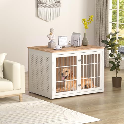 42" Heavy Duty Dog Crate Furniture for Large Dogs (42.1"L x 29.9"W x 30.3"H / Nature+White)