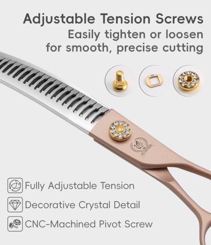 Professional Curved Chunker Dog Grooming Scissors 7.0'' Rose Gold Thinning Shears Extremely Sharp Blades 440C Stainless Steel Thinning Shears Durable Smooth Fine Cut for Dogs and Cats (Curved Chunker / 7")