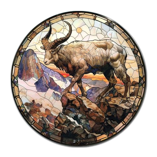 Metal Sign Tin Sign Circular Stained Glass Mountain Goat Tin Sign Gift for Garage 12×12 Inches (12×12 Inches / Mountain Goat-1)