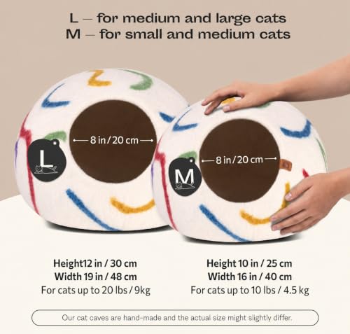 Cat Cave Merino Wool Bed for Indoor Cats (Ivory Rainbow / Medium)