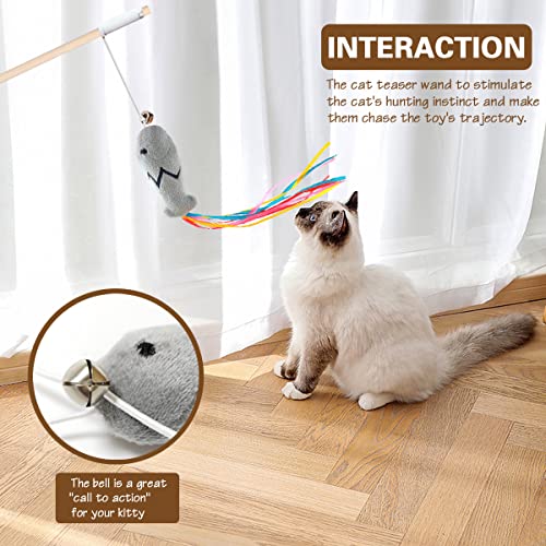 Natural Wood Cat Wand Toy with Ribbon Fish Teaser