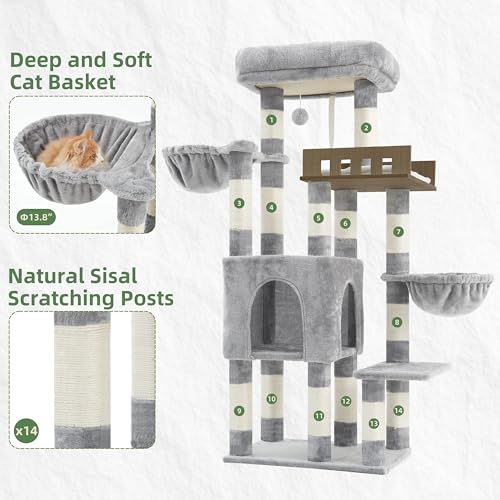 Sturdy Cat Tree Tower for Large Cats (52 inches / Light Gray)