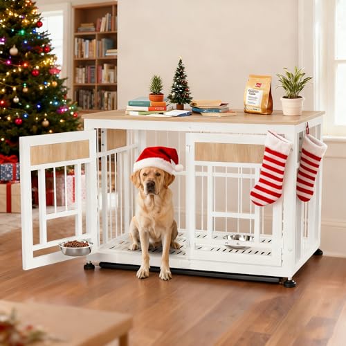 Large Dog Crate Furniture (Nature Wood & White / 42.9"L x 38.3"W x 30.0"H)