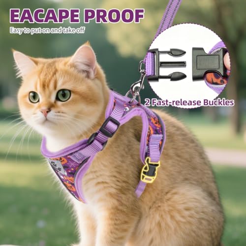 Halloween Cat Harness and Leash Set Escape Proof Reflective Cat Walking Harness Adjustable Soft Breathable Mesh Vest for Small Pets (S (NECK 9.5"-11", CHEST 13"-16") / Purple(Halloween))