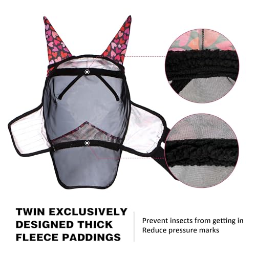 Pro LumiVista Horse Full Face Fly Mask Large Eye Space Long Nose with Ears UV Protection for Horse Cute Hearts M (Cute Hearts / M)