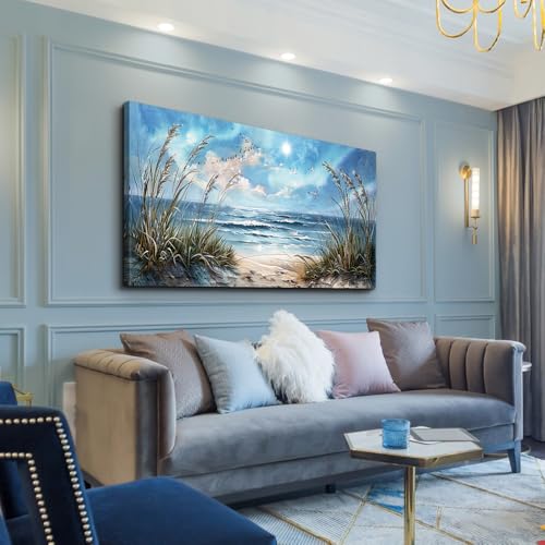 Large Wall Art For Living Room Wall Decor For Bedroom Sunshine Ocean Scenery Painting Blue Sea Waves Wall Pictures Office Modern Canvas Prints Artwork Aesthetic Home Decoration 48"X 24" (48"L x 24"W / Blue Sea Sunshine Waves Pictures)