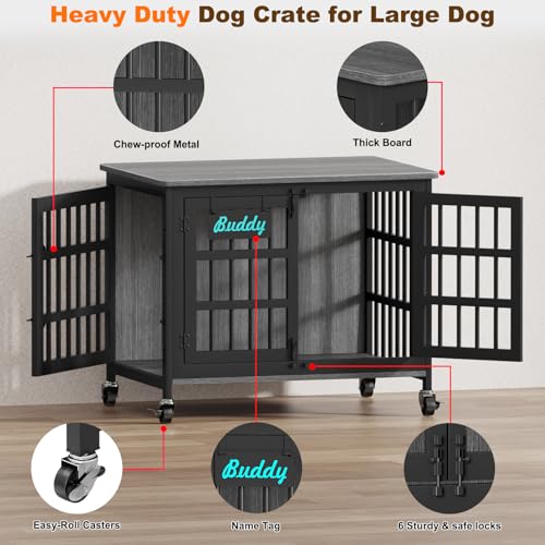33" 27" Dog Crate Furniture with Name Tag (32.7"L x 22.8"W x 25.2"H / Dark Grey)