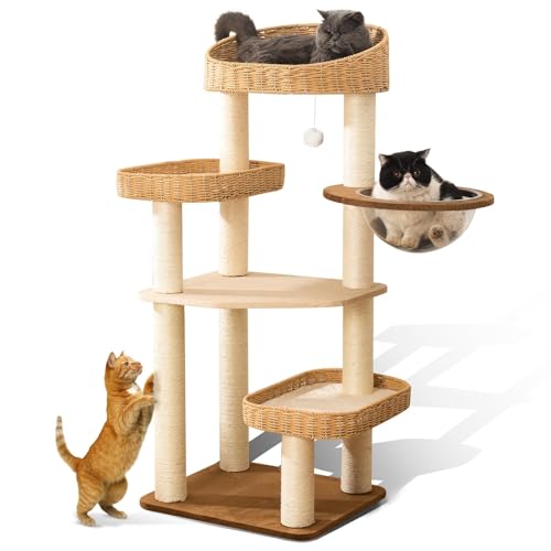 51 Inch Woven Cat Tree Tower for Large Cats with Clear Capsule Bed