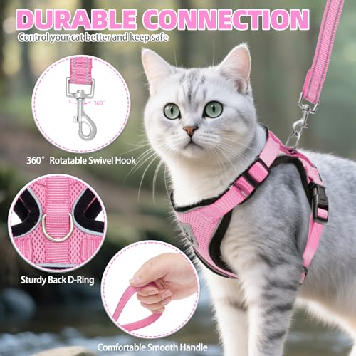 Cat Harness and Leash Set Escape Proof Reflective Cat Walking Harness Adjustable Soft Breathable Mesh Vest for Small Pets (S (NECK 9.5"-11", CHEST 13"-16") / Light Pink)